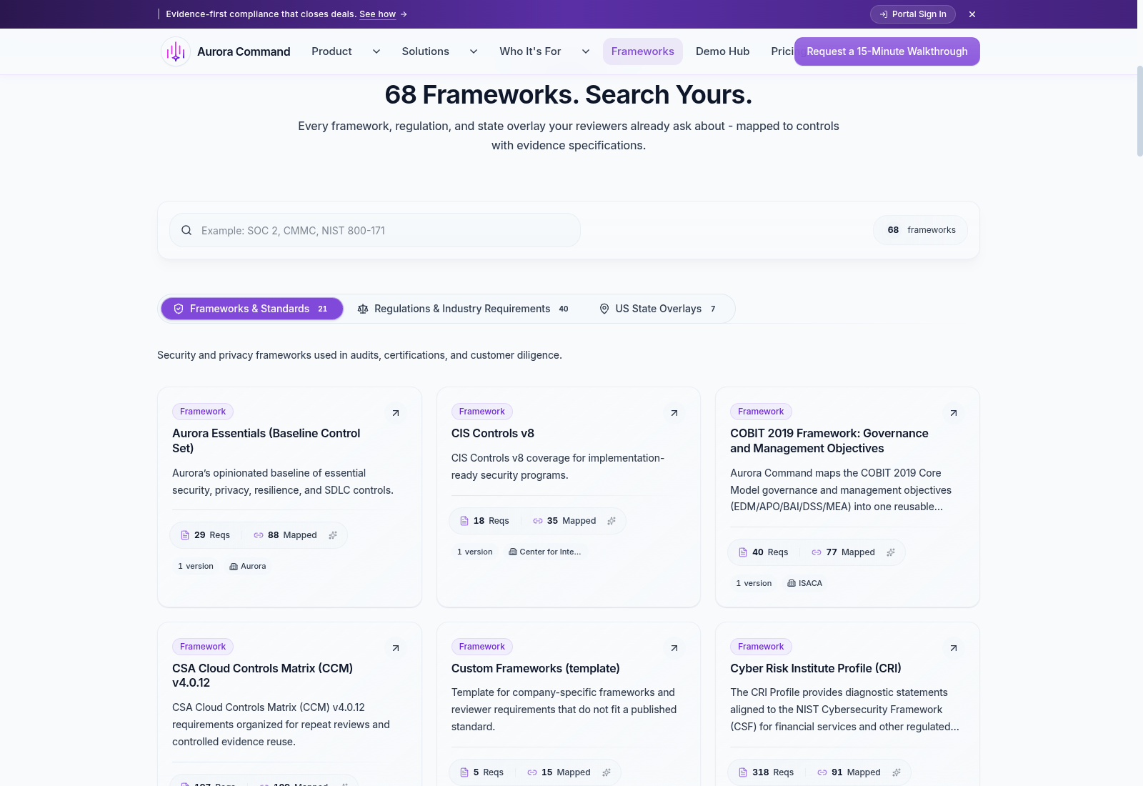 Aurora Command framework library showing 68 frameworks with searchable categories, requirement counts, and mapped control totals.